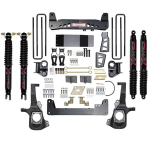 Skyjacker 6 In Suspension Lift Kit With Raised Torsion Bar Brackets And Black MAX Shocks.